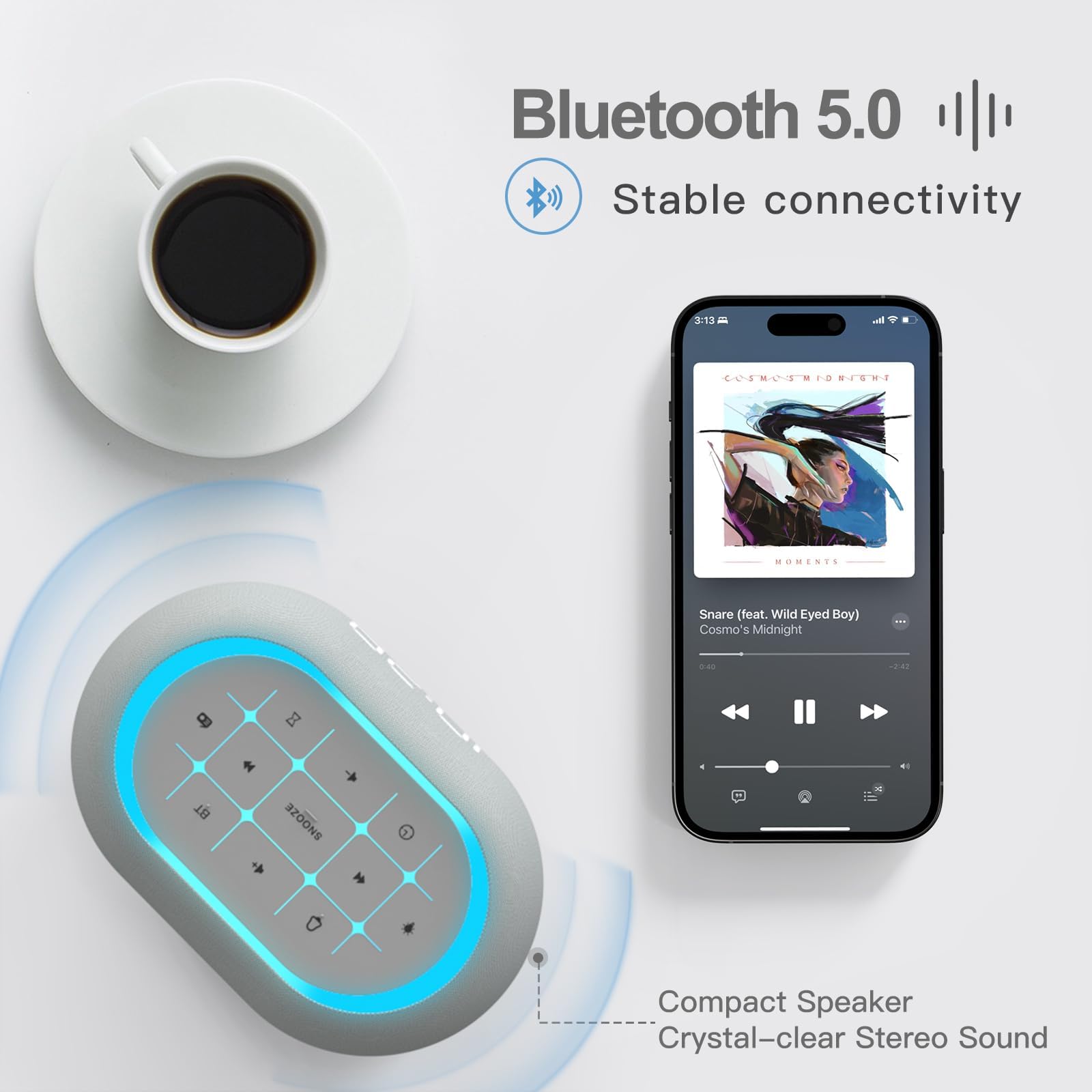 ANJANK Radiosveglia da Comodino con Altoparlante Bluetooth, Suono Stereo Hi-Fi, 7 Colori di Luce Notturna, Sveglia Digitale con 8 Suoni di Allarme, 0-100% Dimmer, Radio FM da Camera da Letto