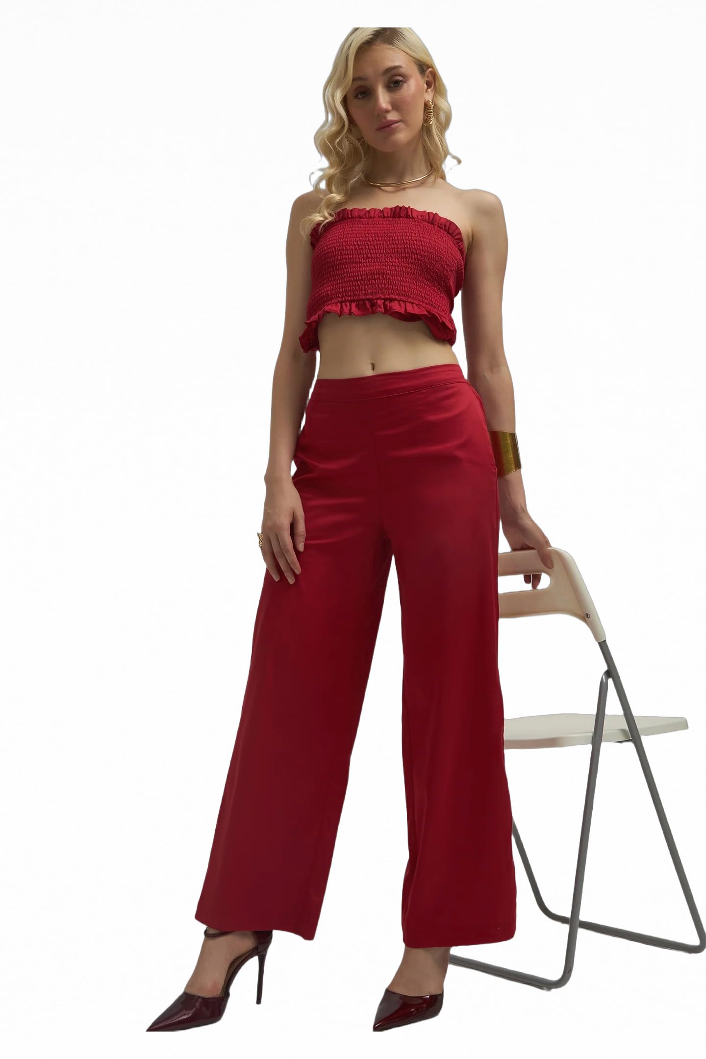 Solid Cotton Red Stretch High Rise Wide Regular Fit Casual Pants for Women
