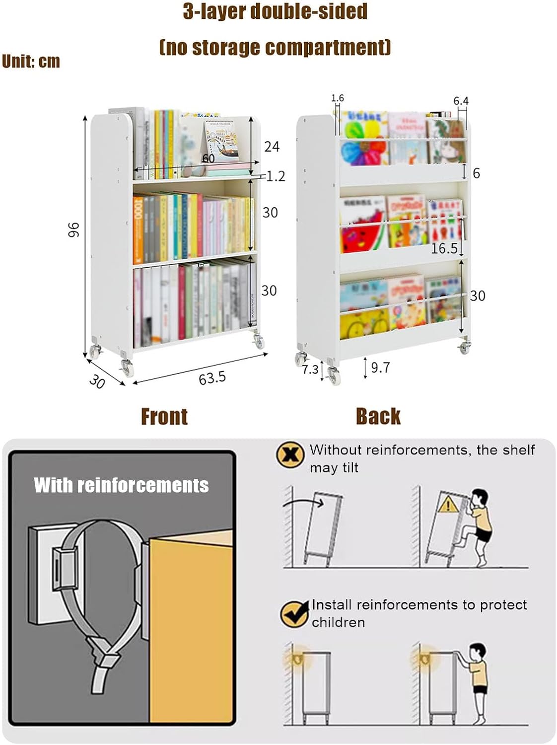 Wood Rolling Book carts，3 Tier Library cart with 2 Lockable Wheels，Mobile Book Truck for Home Shelves Office Classroom(B)
