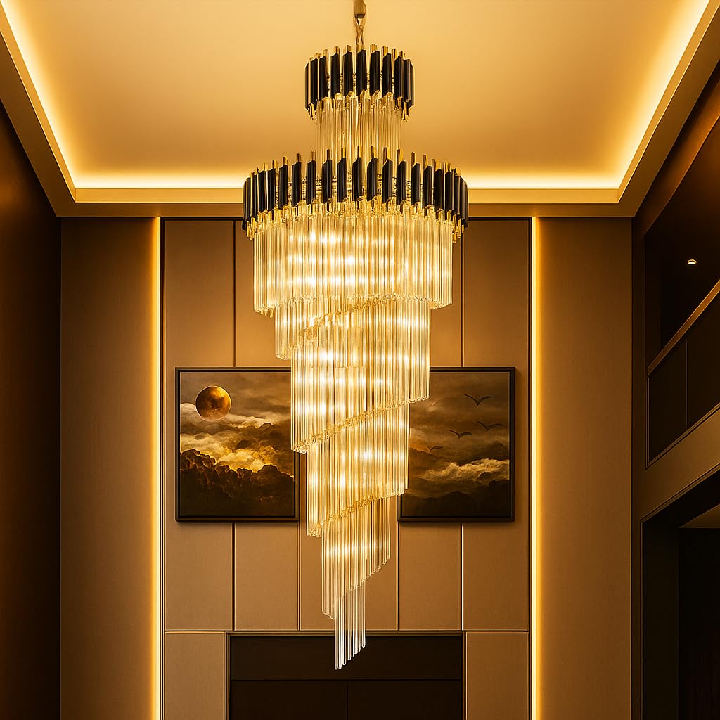 Modern K9 Crystal Chandeliers for Living Room Colors.Warm White, Moon Light,Golden,Led Plate Included. Diameter 60CM & Height 200CM(Round Black Gold, Double Hight)