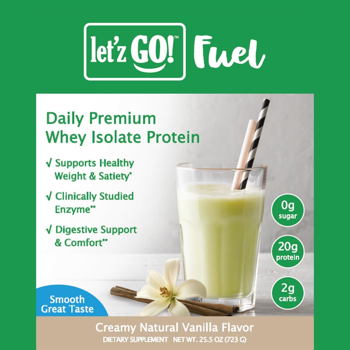 Let’z Go Premium Whey Isolate Protein Powder with Digestive Enzymes – Vanilla, 2 lb (30 Servings) – No Sugar, Keto & GLP-1 Friendly, Diabetic Friendly, Supports Satiety, Stevia Sweetened, Gluten-Free