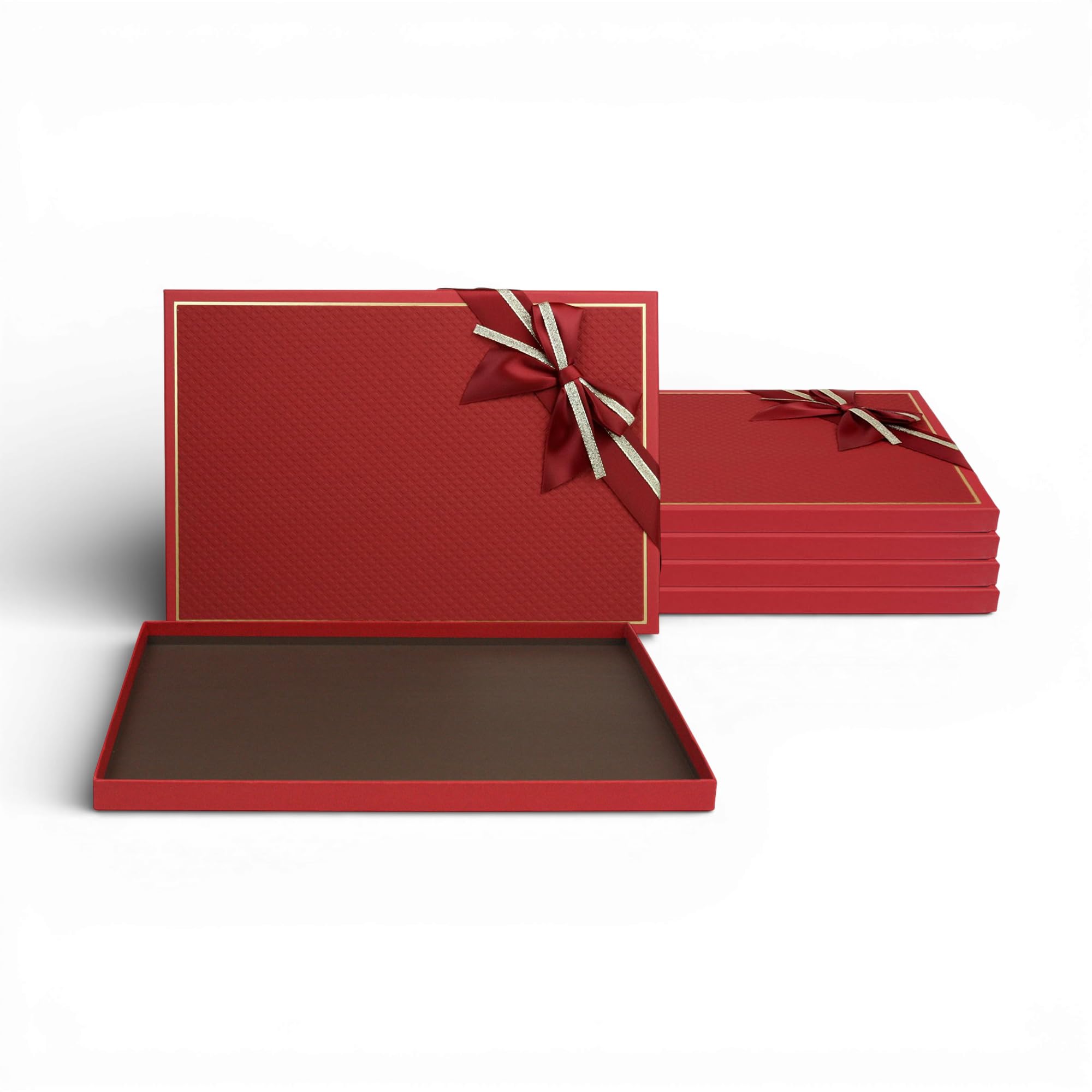 Emartbuy Set of 5 Luxury Red Slim Gift Box with Gold Border & Satin Ribbon – Elegant Rigid Cardboard Packaging for Hampers, Chocolates & Jewellery – 35.5 x 24.5 x 2 cm — image 1