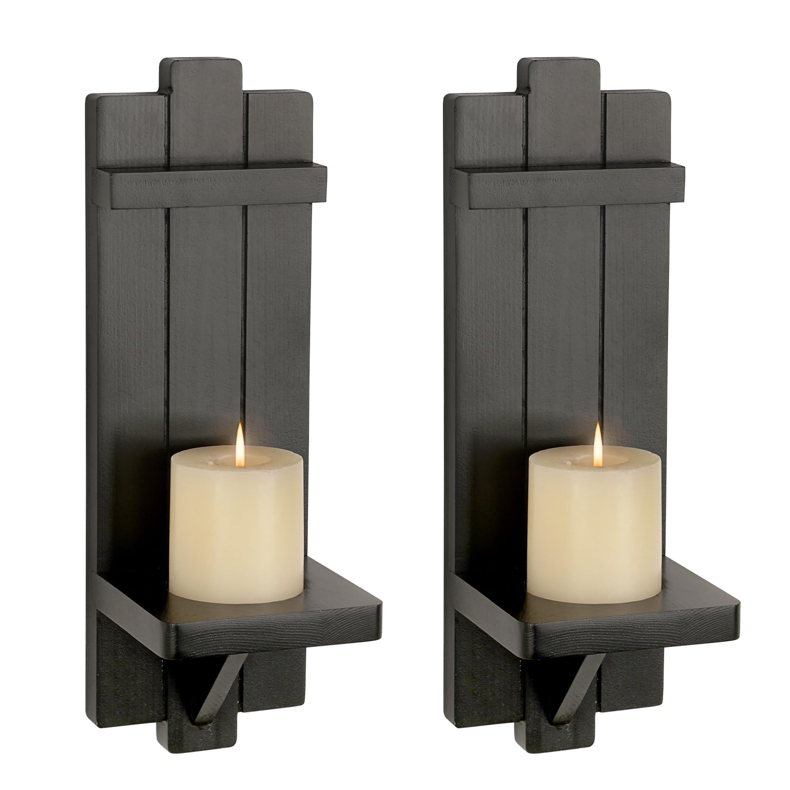 BSTKEY 2 Packs Wooden Wall Mounted Candle Holder Hanging Candle Sconces, Decorative Wall Pillar Candle Stand Farmhouse Sconces for Bathroom Living Room (Black)