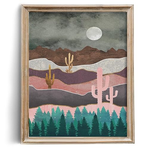 Southwestern Cactus Wall Decor - Desert Wall Art - Grey and Pink Nature Bathroom Decor - Bronze Textured Mountain Poster - Emerald Green Forest