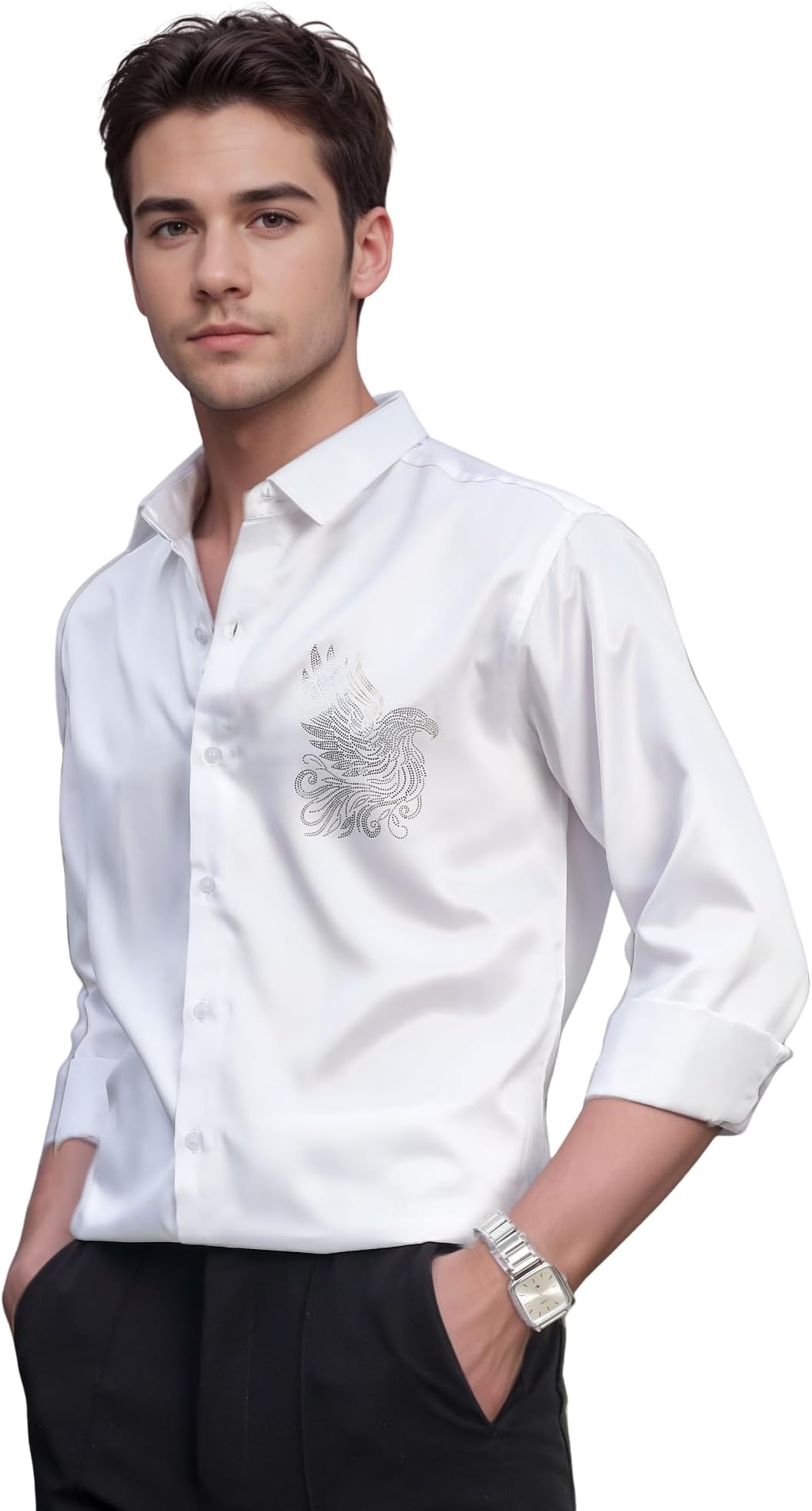 Men's Eagle Print Long Sleeve Collar Satin Shirt Regular Length Button Down Closure