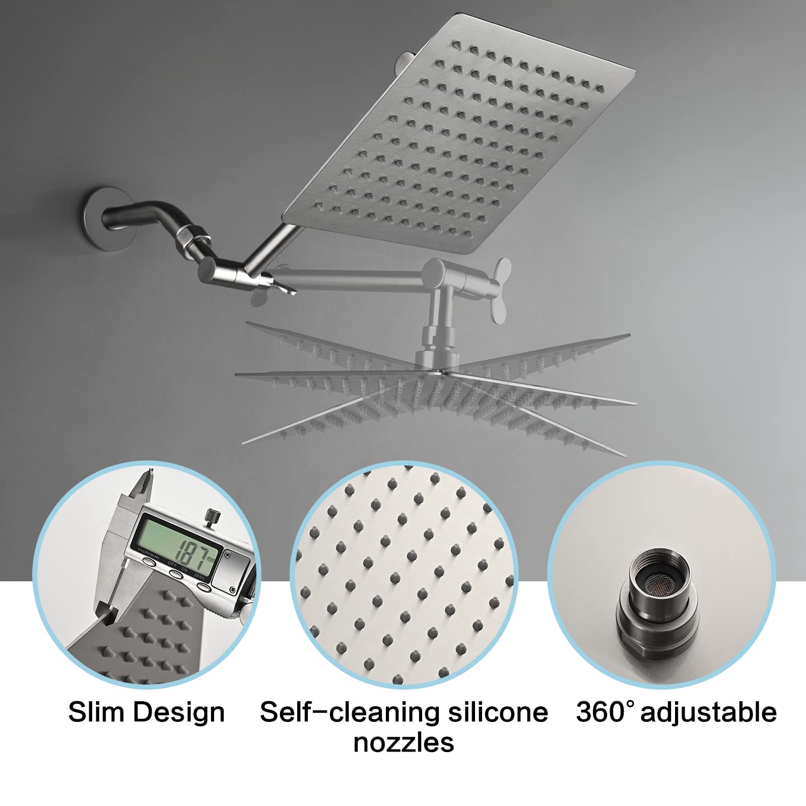 Hoimpro Duscharm-Set Verstellbar – Mit 20,3 Cm Regenduschkopf, Mattschwarz, Wandmontage, Inkl. Ventilkörper