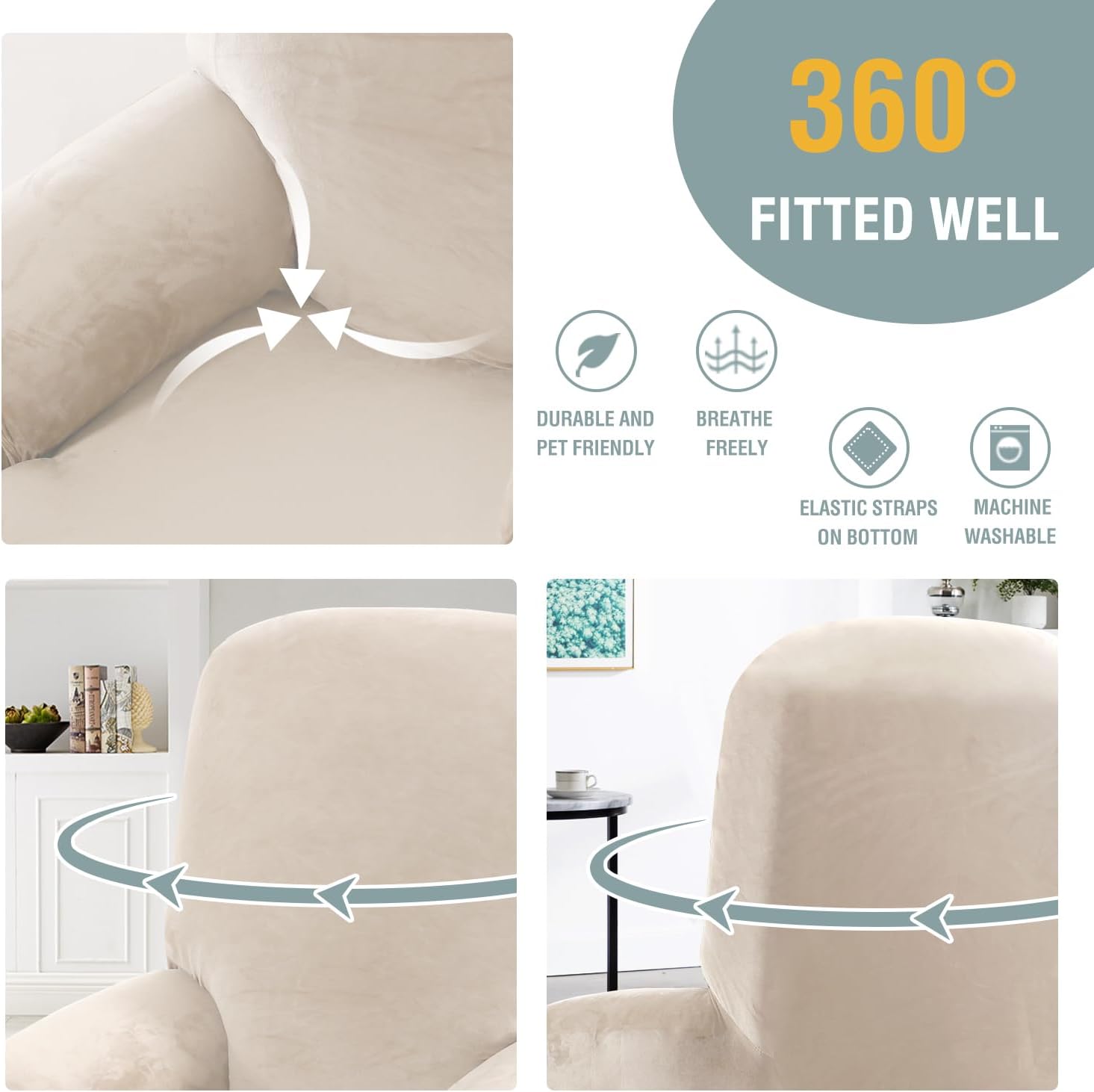 1 Piece Recliner Chair Cover, Thick Velvet Stretch Electric Power Lift Recliner Chair Cover, Furniture Protector with Side Pocket for Kids, Pets,Washable (Ivory)