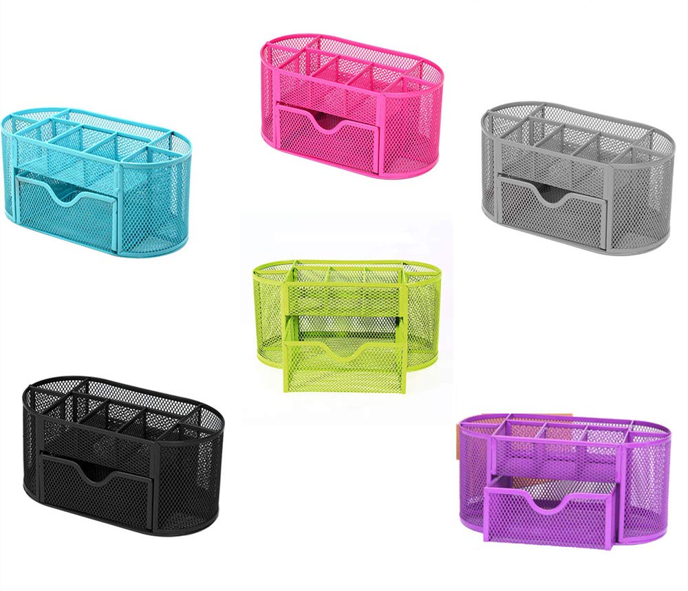 Pen Holder with Drawer Multifunction Mesh Desk Organiser 9 Compartment Storage Box Holder Dresser Organizer for Home and Office(Blue）