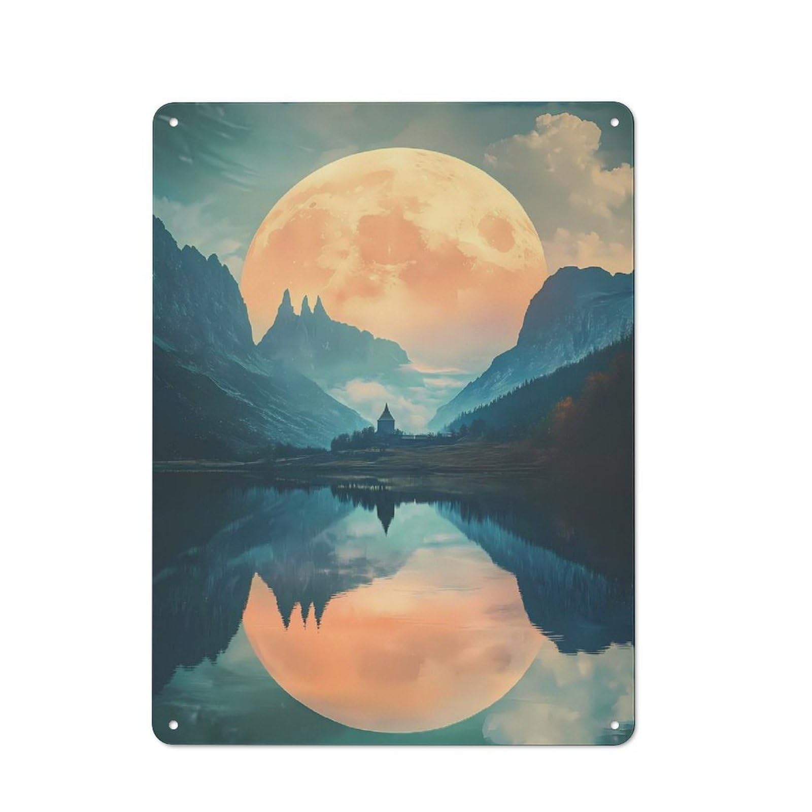 Junmoney Moonlit Mountain Lake 40X30cm Retro Metal Plaque With For Kitchen Or Home Bar, For Garage, Workshop And Man Cave Decoration