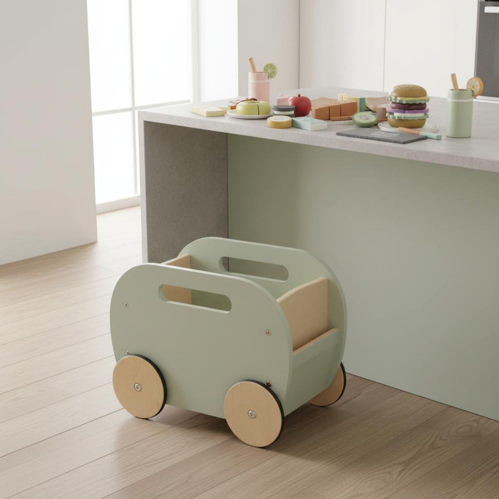 Kinder Spielzeug Wagen Kinderküchen Spielset Holz Imbisswagen Rollenspiel Essenswagen Lernspielzeug mit 31 Teilen Holzmaterial Tragbarer Ziehwagen für Vorschule Zuhause Garten