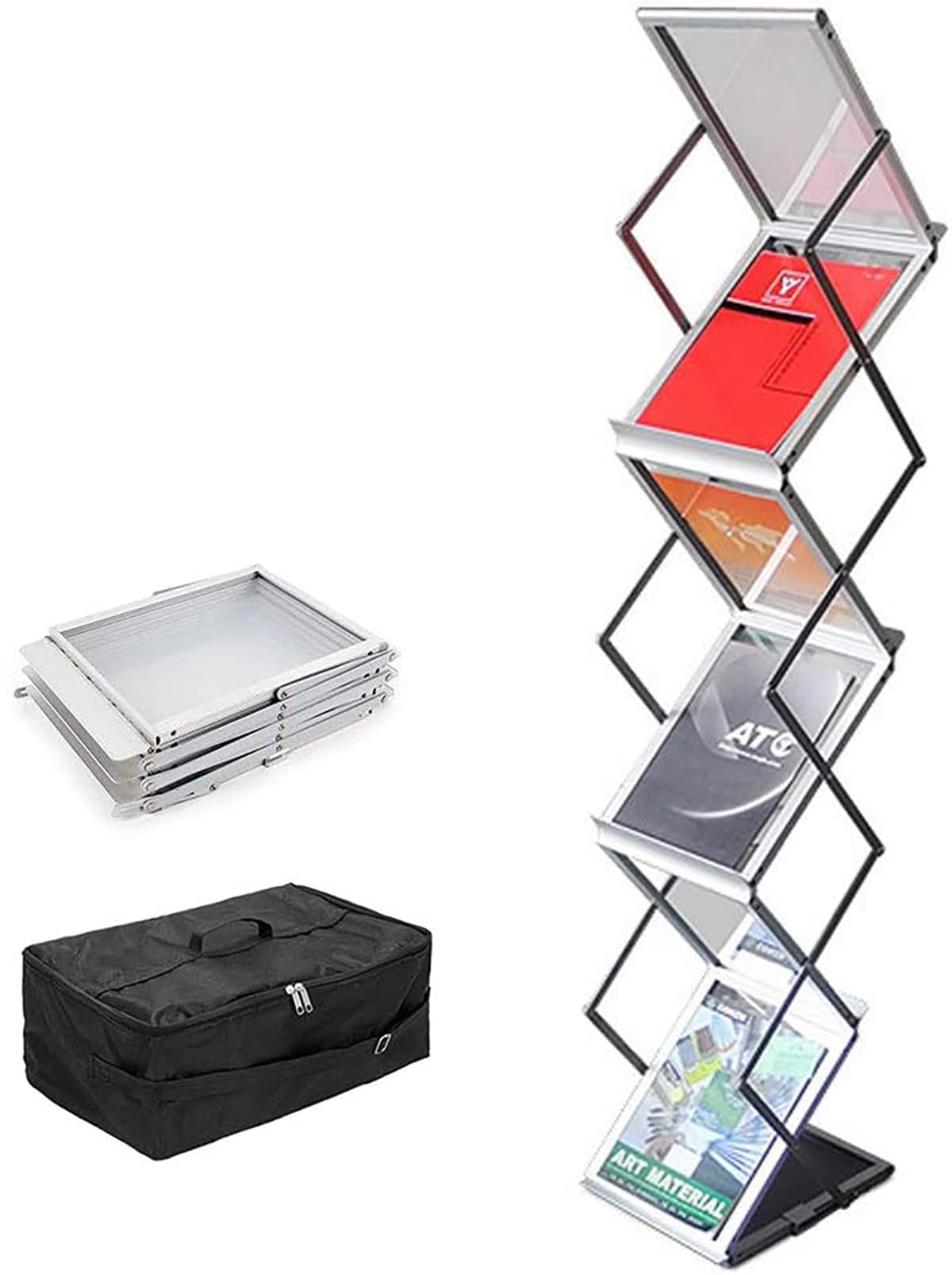 A4 Présentoir à Brochure Aluminium Portable avec Sac Oxford, 6 Sections