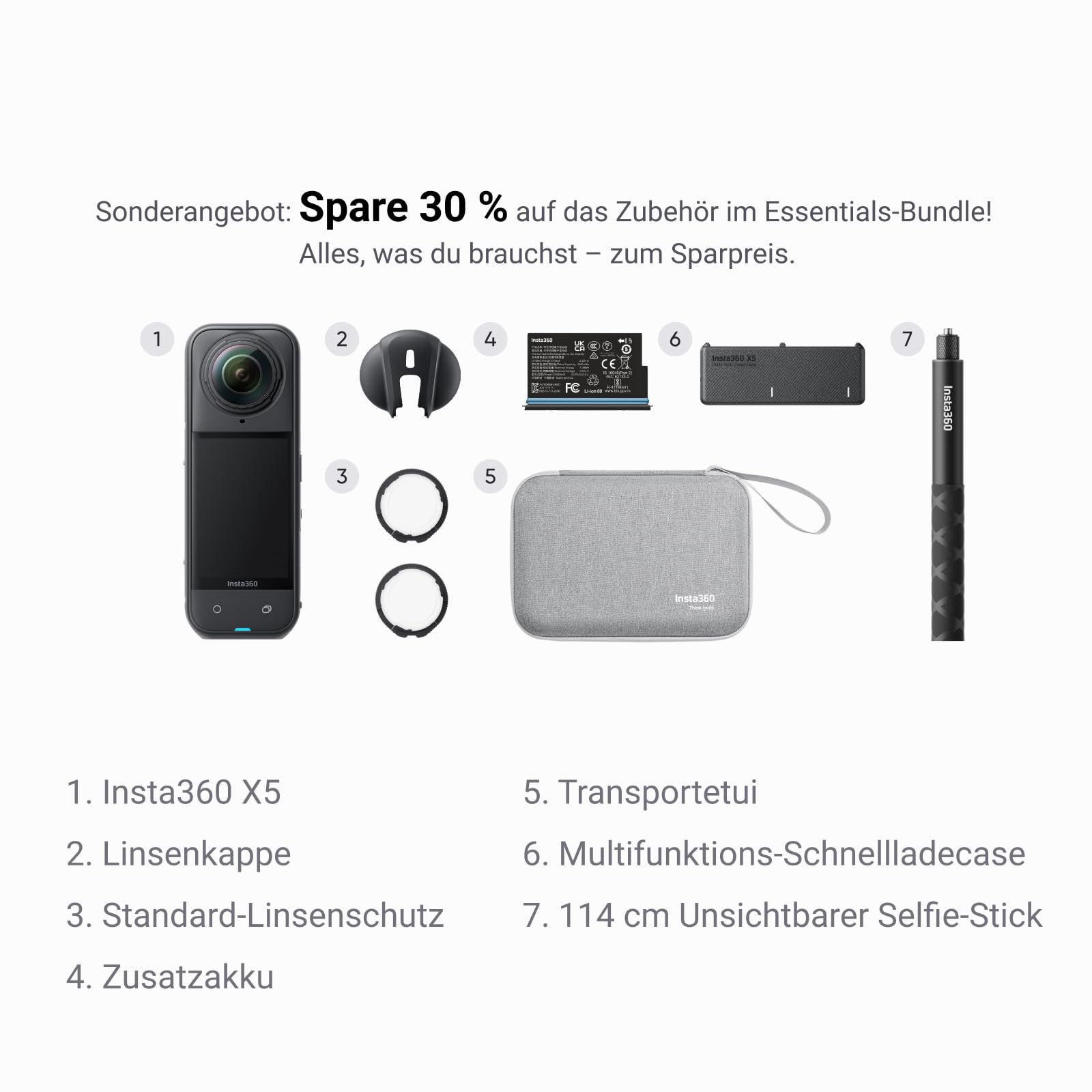 Insta360 X5 Must-Have-Bundle - wasserdichte 8K 360°-Kamera, Führend bei wenig Licht, Unsichtbarer Selfie-Stick-Effekt, robuste & auswechselbare Linsen, 3 h Akku, Integr. Windschutz, Stabilisierung