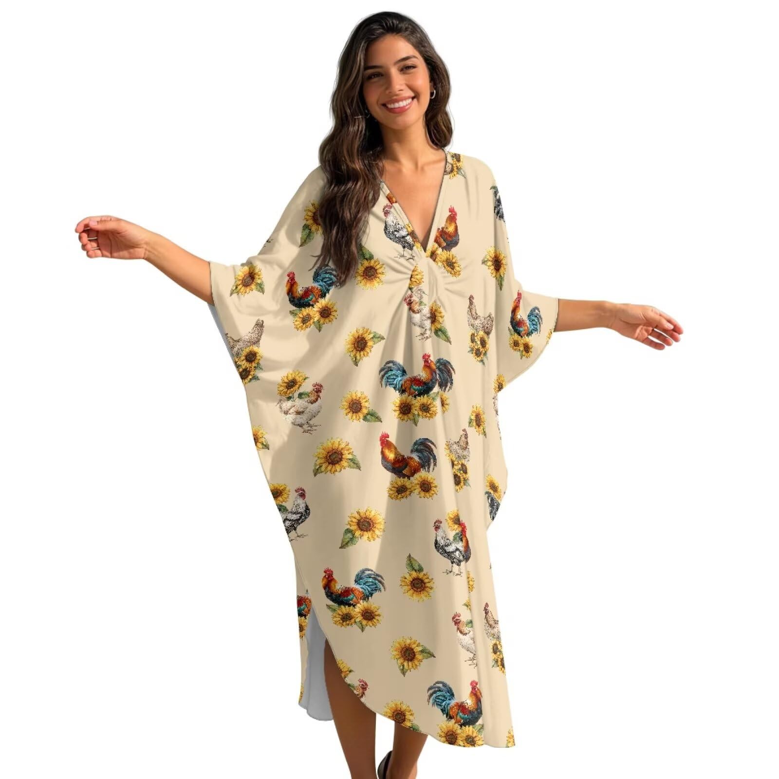 Xoenoiee Vestido caftán para mujer, talla grande, para playa, cuello en V, manga murciélago, traje de baño, vestido caftán de verano