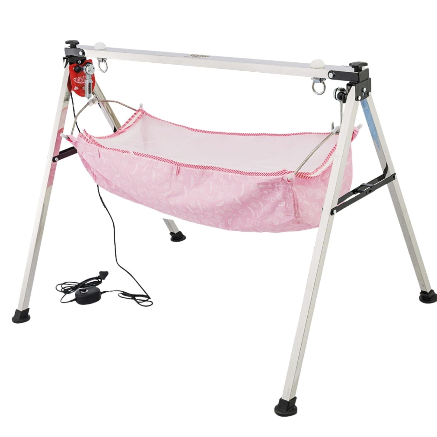 TINYTYKE Automatic Cradle for Baby - Electric Swing Cradle with Adjustable Speed - Semi-Foldable Frame with Pink Cloth and Mosquito Net - Baby Palna/Jhula for Kids of 0 to 3 Years - Carry Upto 20kgs