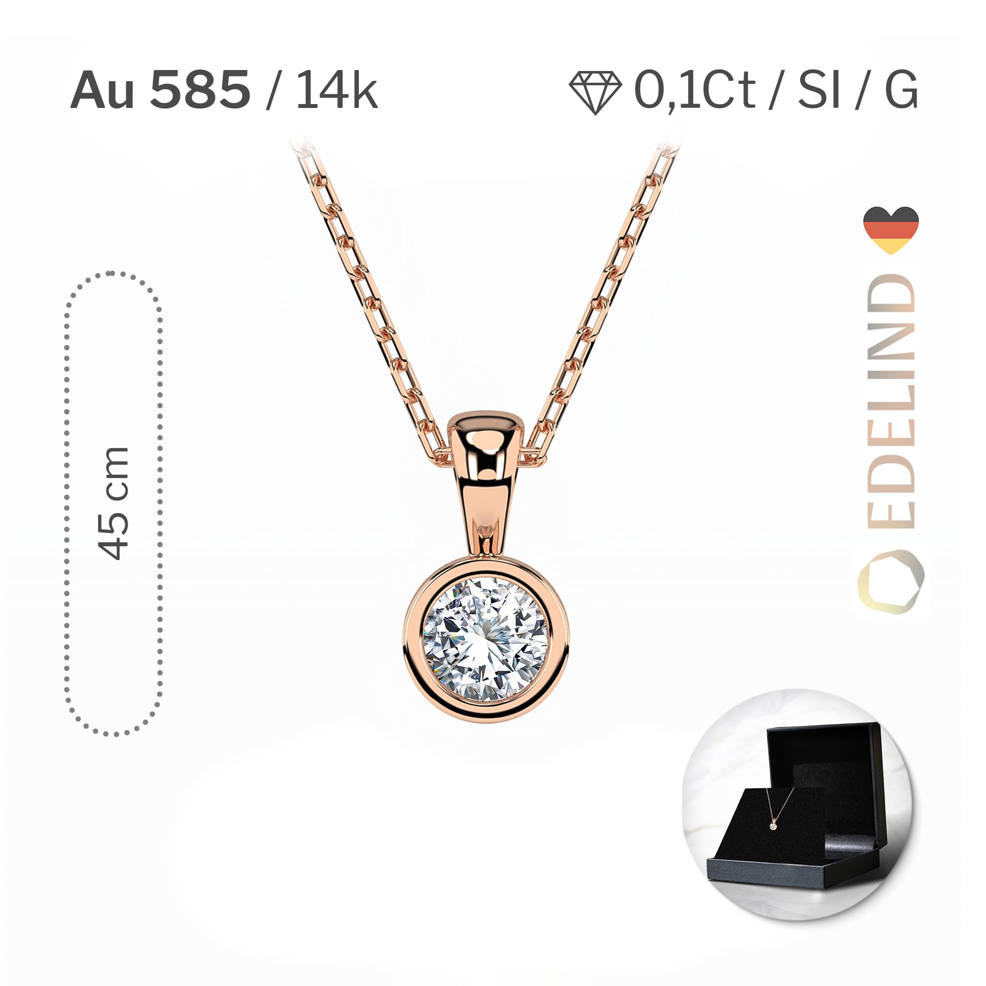 EDELIND Collana Punto Luce Donna con Diamante 0.10 ct in Oro 14k - Ciondolo Design a Disco - Catenina Forzatina, Lunghezza Regolabile