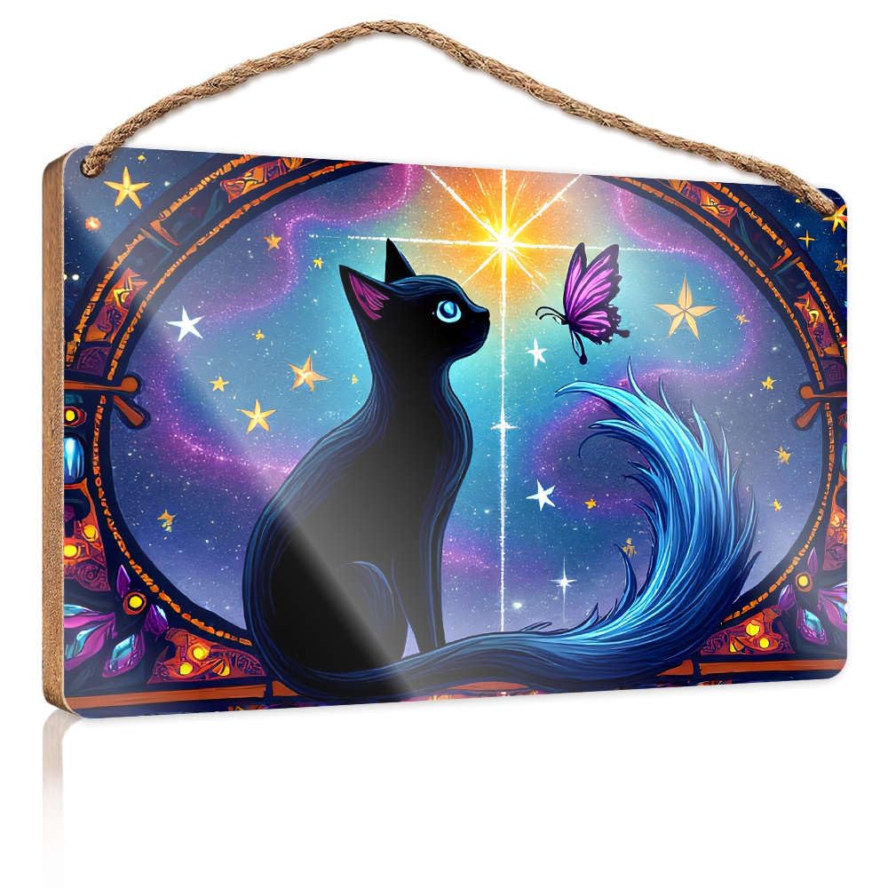 Bathroom Hanging Decor A Black Cat With A Blue Tail Gazes At A Purple Butterfly Against A Starry Camper Decor Fall Porch Decor(15X28CM)