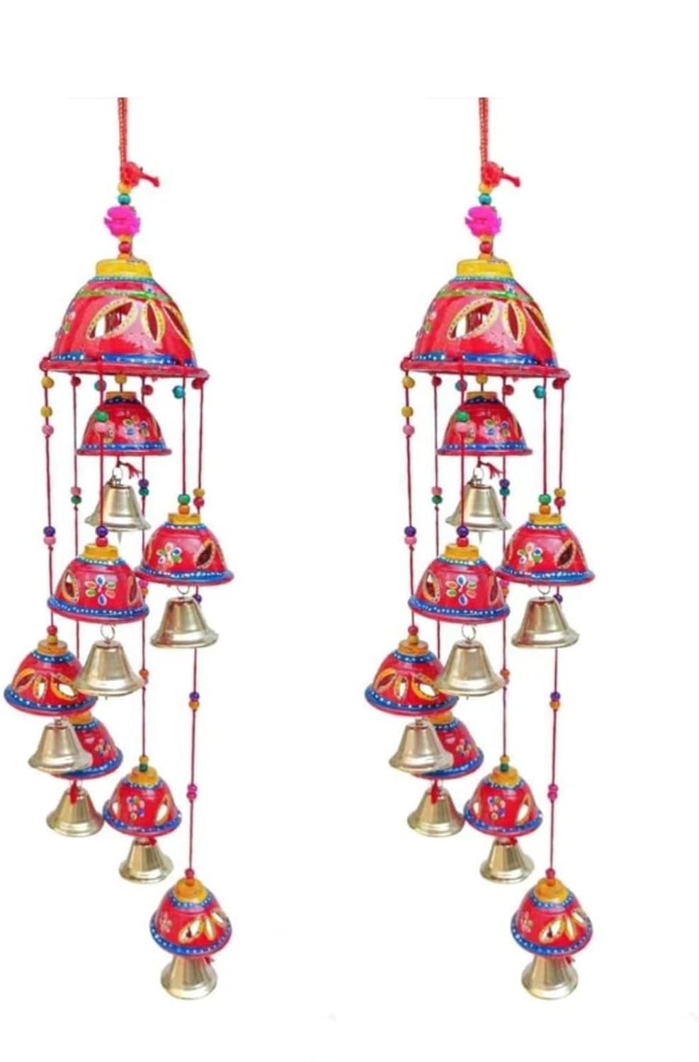 Handpainted Rajasthani Bell Wind Chime, Red and Green, 20 Inch, Traditional Wall Hanging Decor, Set of 2-image-41