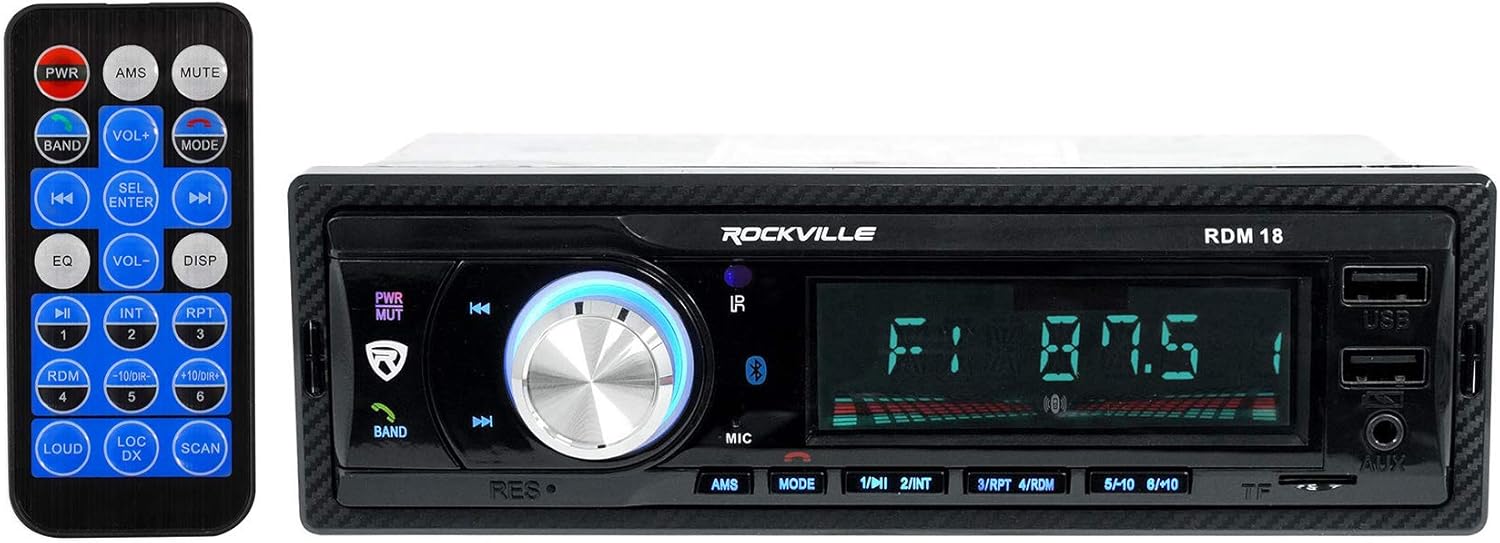 Rockville RDM18 V2 In-Dash Digital Media Car Receiver, 50W, 4 Channels, Bluetooth, AM/FM, MP3, USB/SD, Color Selectable, Remote, Perfect for Car Audio