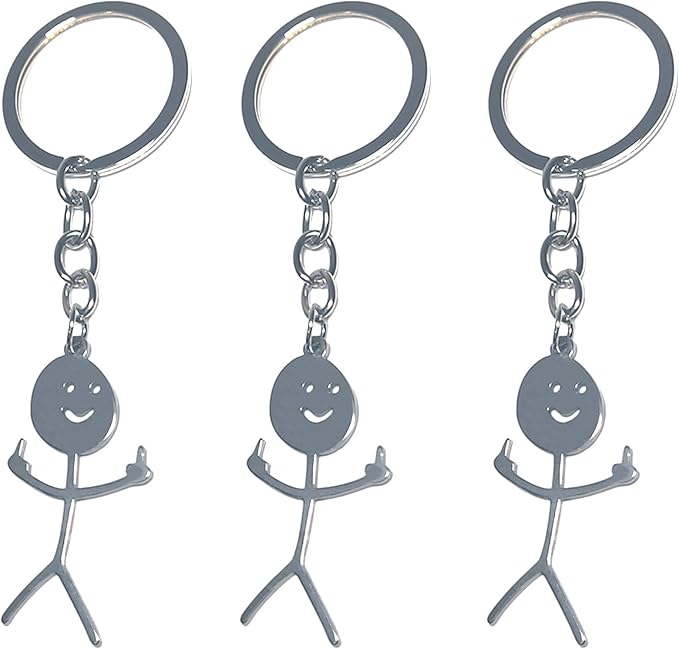 Three silver stick-figure keychains with smiling faces, each raising both middle fingers, attached to silver key rings on a white background.