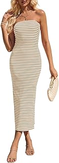 Womens Summer Striped Tube Dress Strapless Ribbed Bodycon Casual Going Out Party Long Maxi Dresses - Buy now