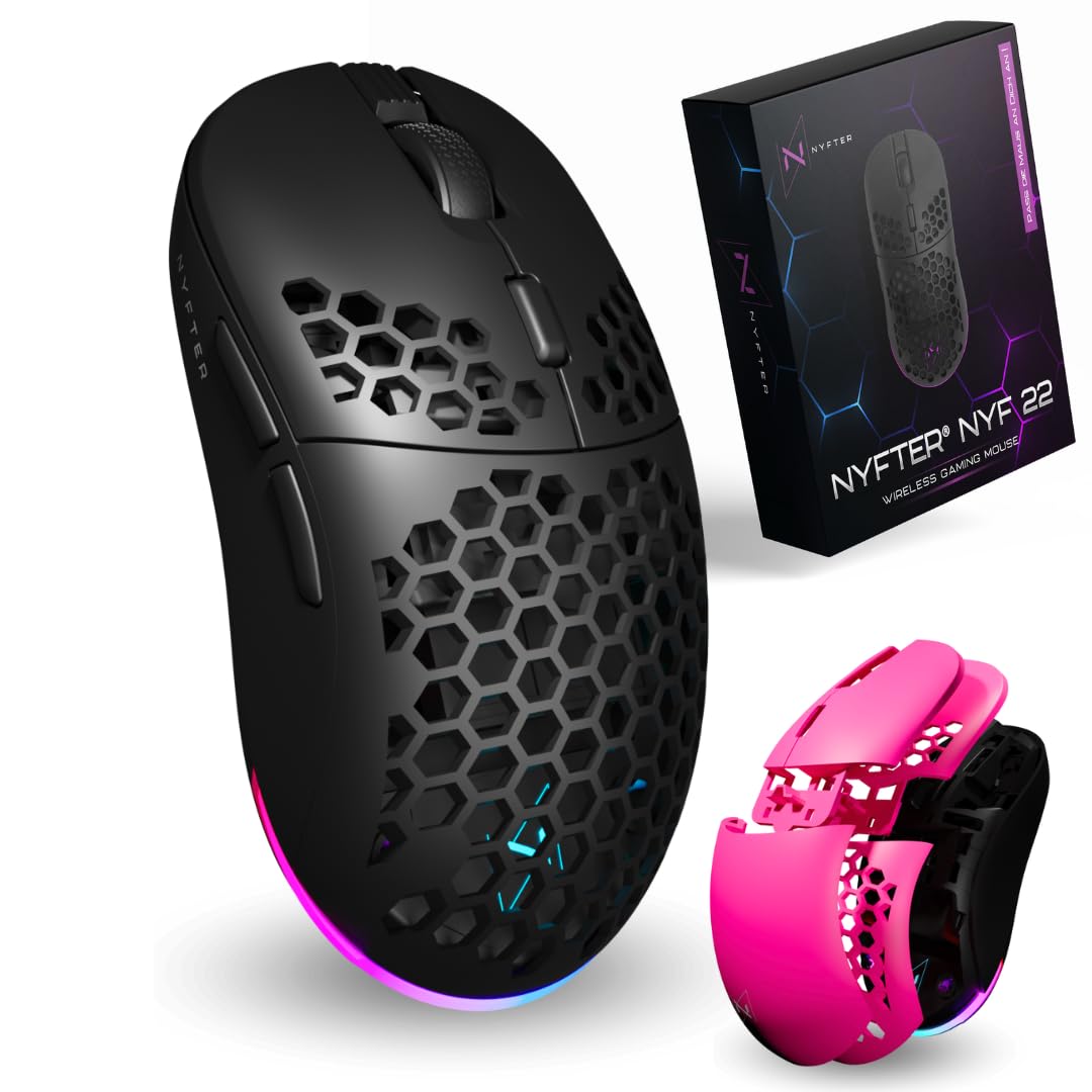 Nyfter - NYF22 Wireless Gaming Mouse Ultraligero 75g Potente con 400mA 19K DPI, 400 IPS 1000 Hz 50h Duración de la batería Duradera Dos Cases intercambiables Incluye
