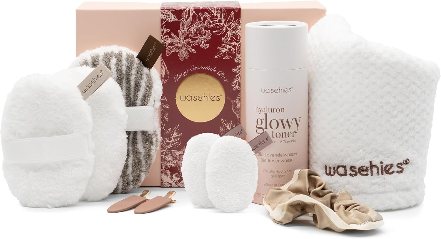 Waschies Deluxe Beauty Gift Box, Includes Reusable Makeup Remover, Exfoliating & Toner Pads, Hair Towel