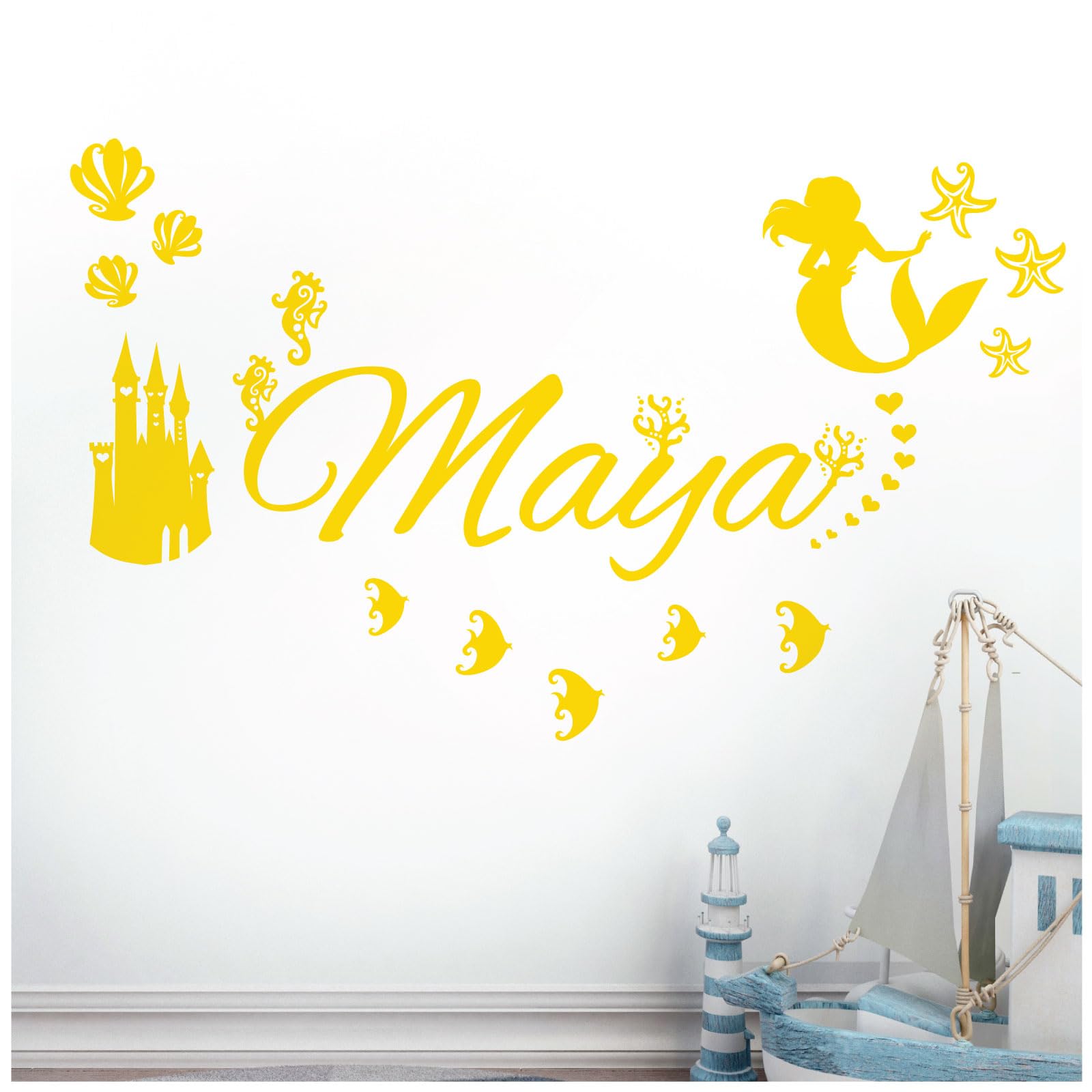 Personalised Name - Little Mermaid Inspired, Ocean, Castle, Starfish - Children's Bedroom Vinyl Wall Decal Sticker [Medium] [Medium Yellow]