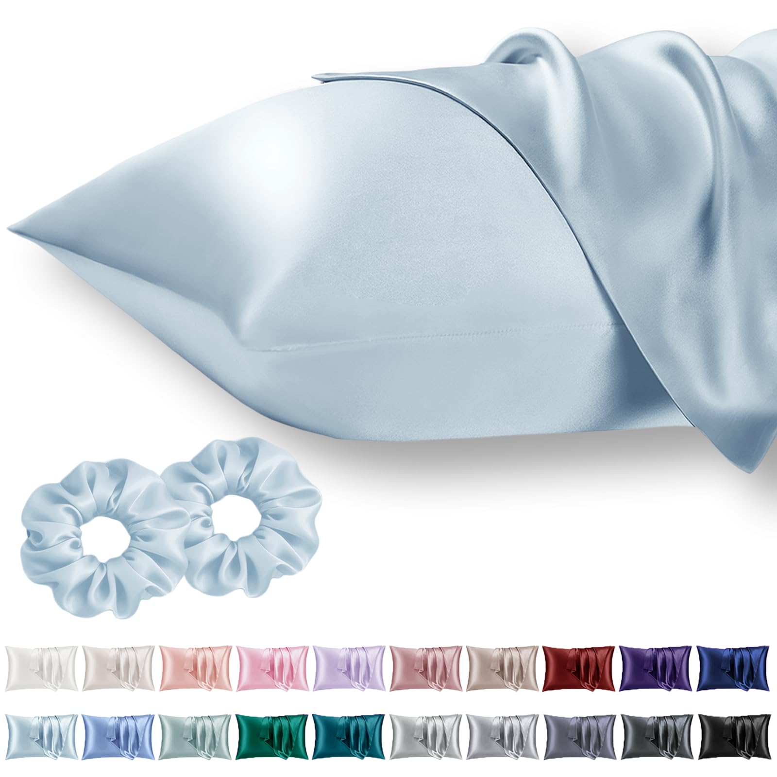 Vielit Standard Satin Pillowcase for Hair 2pc,Similar to Silk Pillow Cases, for Women Men,Sky Blue,20x26 & Envelope Closure and 2 Satin Scrunchies — image 1