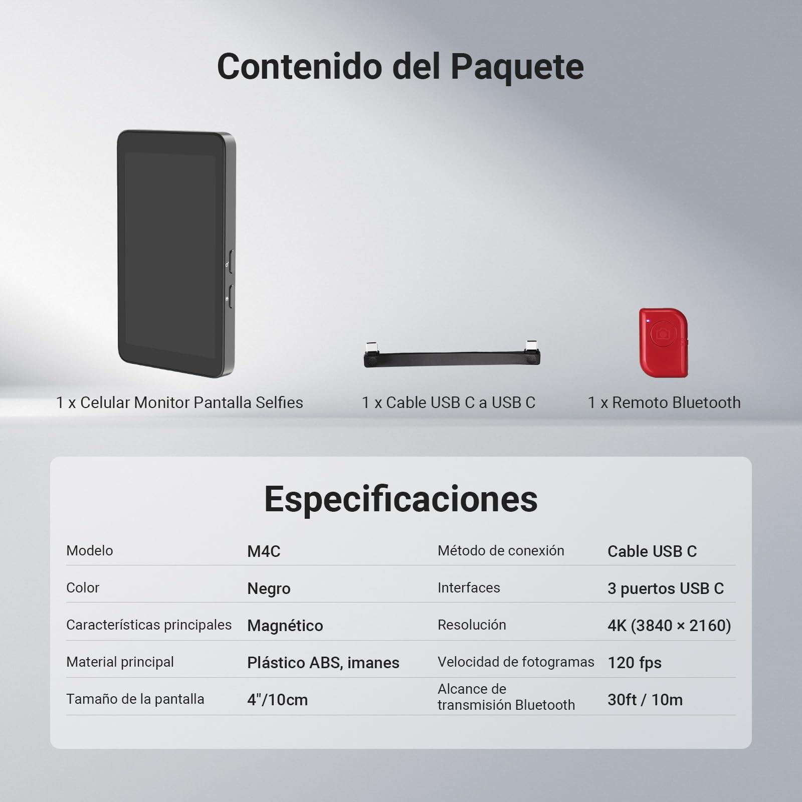 NEEWER 4" Magnético Vlogs Selfies Monitor Pantalla,4K 120fps Cable Grabación para DP Enabled Phone,Back Camera Monitor con Remoto para Youtube TikTok Video Streaming,NO Compatible con iPhone Air, M4C