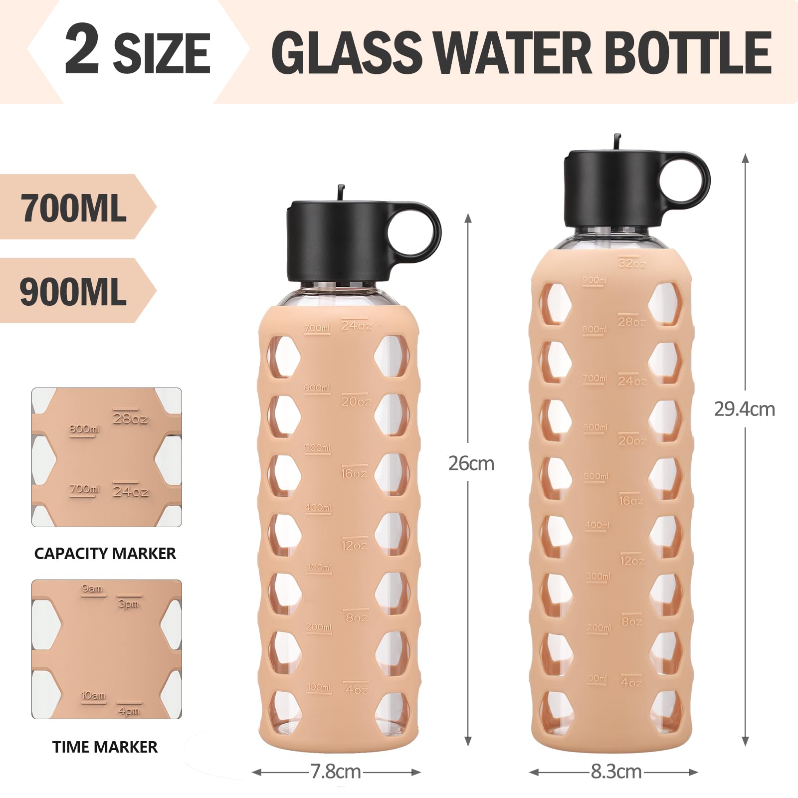 BLUEGO Borracce in vetro, 900ml Bicchiere in vetro, Bottiglie per bere con 2 coperchi, Bottiglia per l'acqua sportiva con custodia in silicone, A prova di perdite, Ambra