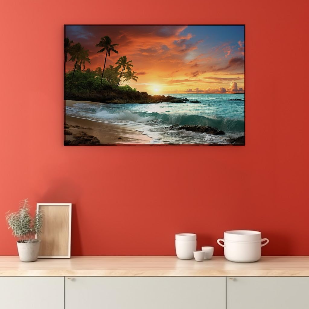 Canvas for Living room. Sunset Serenity: Unwind by the Gentle Waves of a Tropical Beach Escape, 27 x 18 inch Canvas Wall Art - Contemporary Masterpieces - Botanical Home Decor - 91x61 cm (36x24 inch)