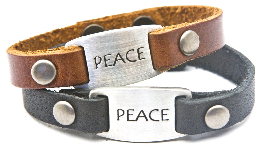 DIllon Rogers "Peace Men's Leather Bracelet with Metal I.D. Style Charm Black or Brown Men's Length.