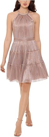 Xscape Womens Metallic Tiered Mini Dress Pink 10