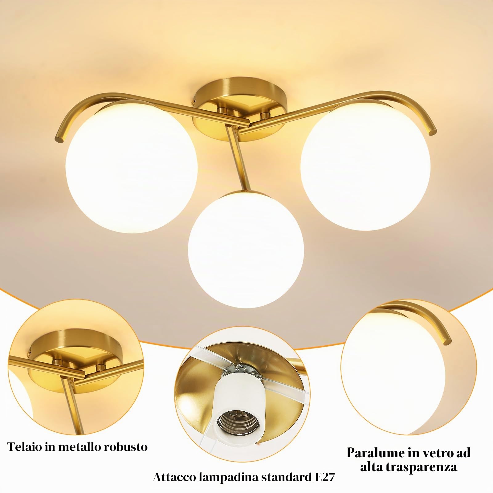 Lampada da Soffitto Oro, E27 Plafoniera da Soffitto a Semi-incasso in Vetro, Metallo Lampadario Moderno per Camera da Letto Soggiorno Cucina Sala da Pranzo Corridoio (Lampadine Escluse)