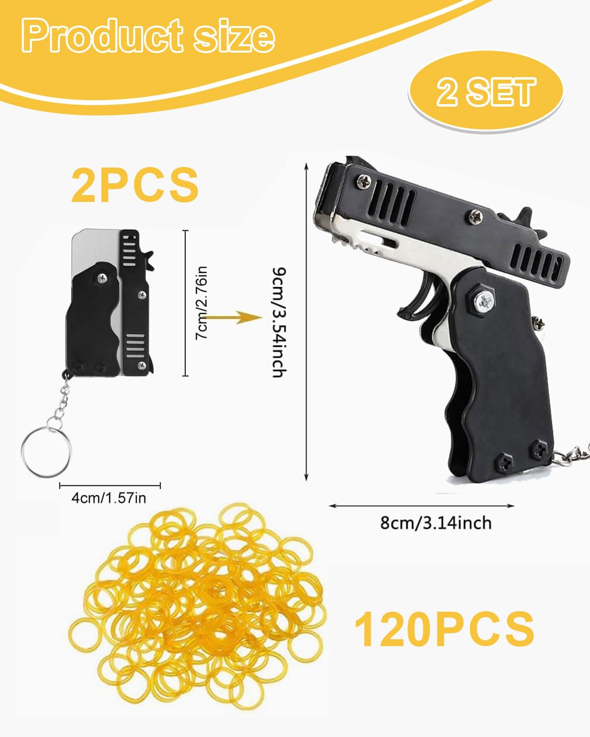 2 pcs gummi Pistole,Mini-Gummibandpistole aus Metall,klappbar,mit Schlüsselanhänger und 120 Gummibändern, Metal Folding Schlüsselbund für Outdoor-Aktivitäten für Kinder