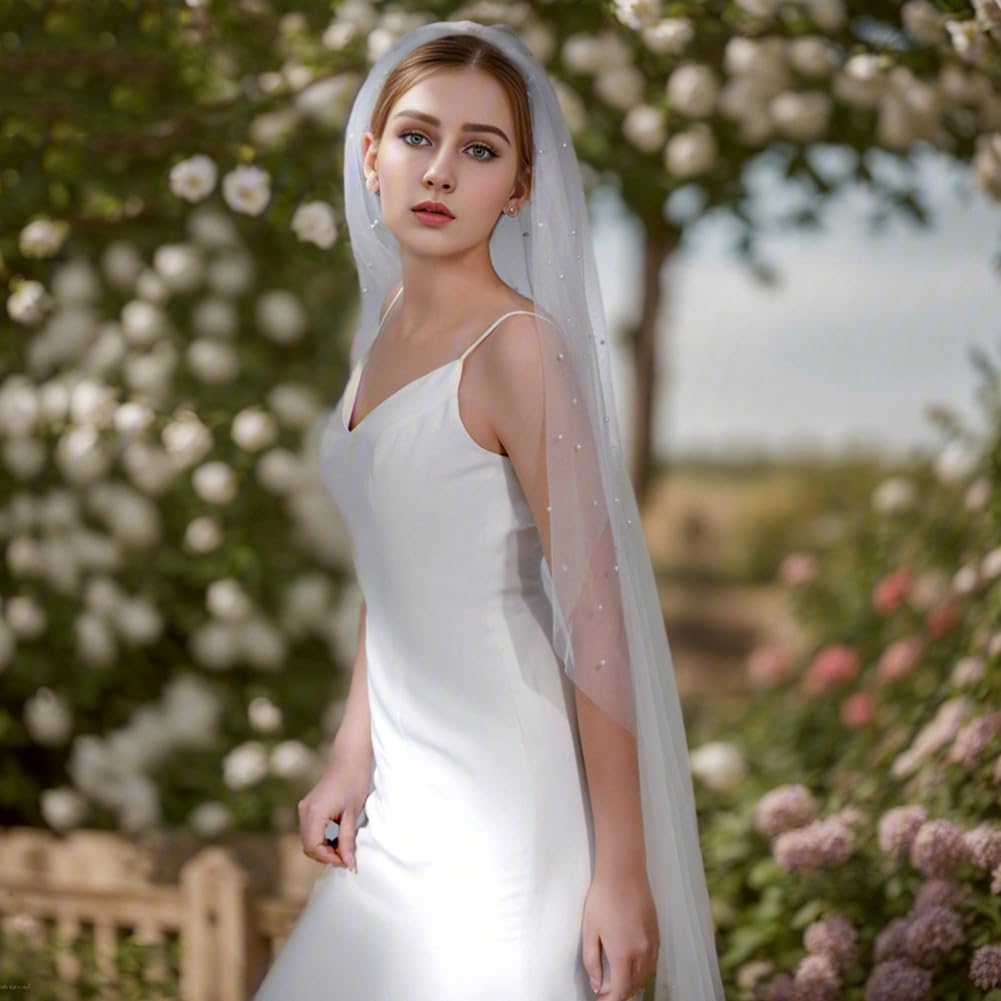 Brautschleier Perlen Weiß Hochzeitsschleier Elegent Kirche Braut Schleier 1 Stöckig Weicher Tüll Perlenschleier Haarschmuck für Hochzeit Junggesellinnenabschied mit Kamm 300cm