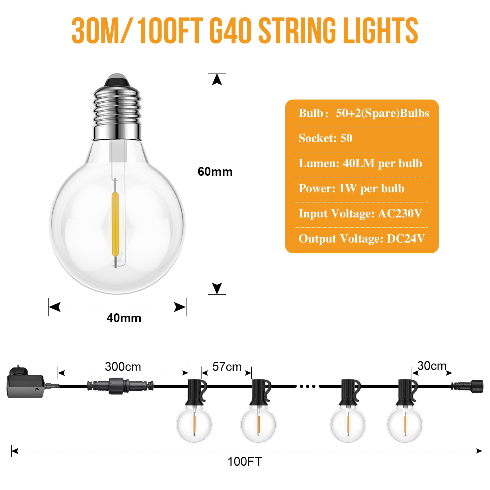 FANSANMY Catena Luminosa Esterno Dimmerabile, 30M Luci da esterno con Telecomando, 50+2 Lampadine Infrangibili, IP45 Impermeabile, 2700K Bianco Caldo, Adatto per Giardini, Cortili, Bistrot, Case