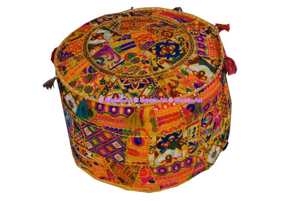 Sophia-Art Indian Embroidered Patchwork Cover Indian Decorative Pouf Indian Comfortable Floor Cotton Cushion Ottoman Pouf,Indian Designs Ethnic Patchwork Pouf (Yellow Rajkoti, 14"x22") 1