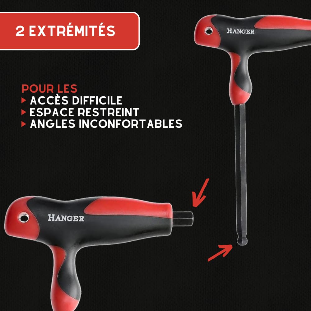 Juego de 8 llaves Allen esféricas incorporadas en 'T' – Percha – 250191 – Llaves macho 6 Pans esféricas – Asas ergonómicas