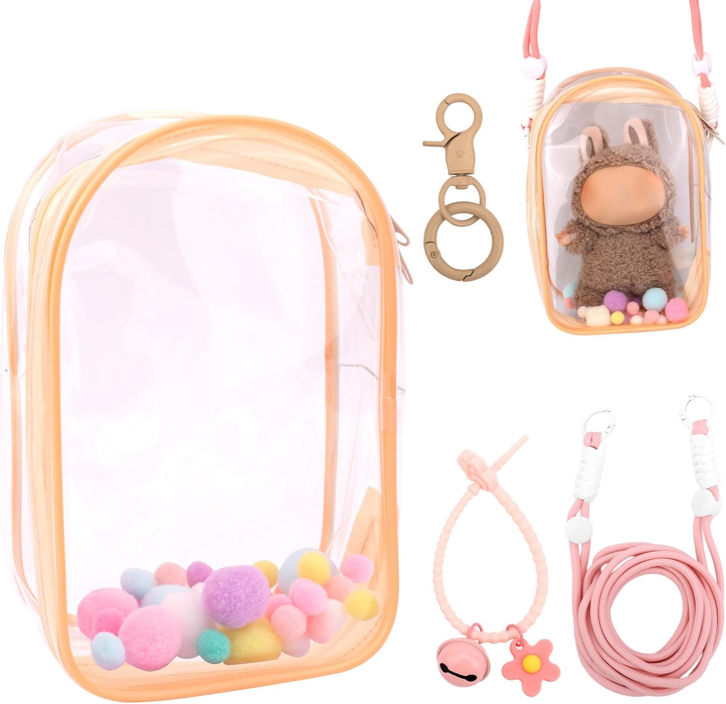 Clear Figure Display Case, Protective Case for Plush Doll Storage Bag Holder Portable Crossbody PVC Hanging Doll Cover Pouch with Keychain for 15cm/17cm Dolls Accessories (Apricot)
