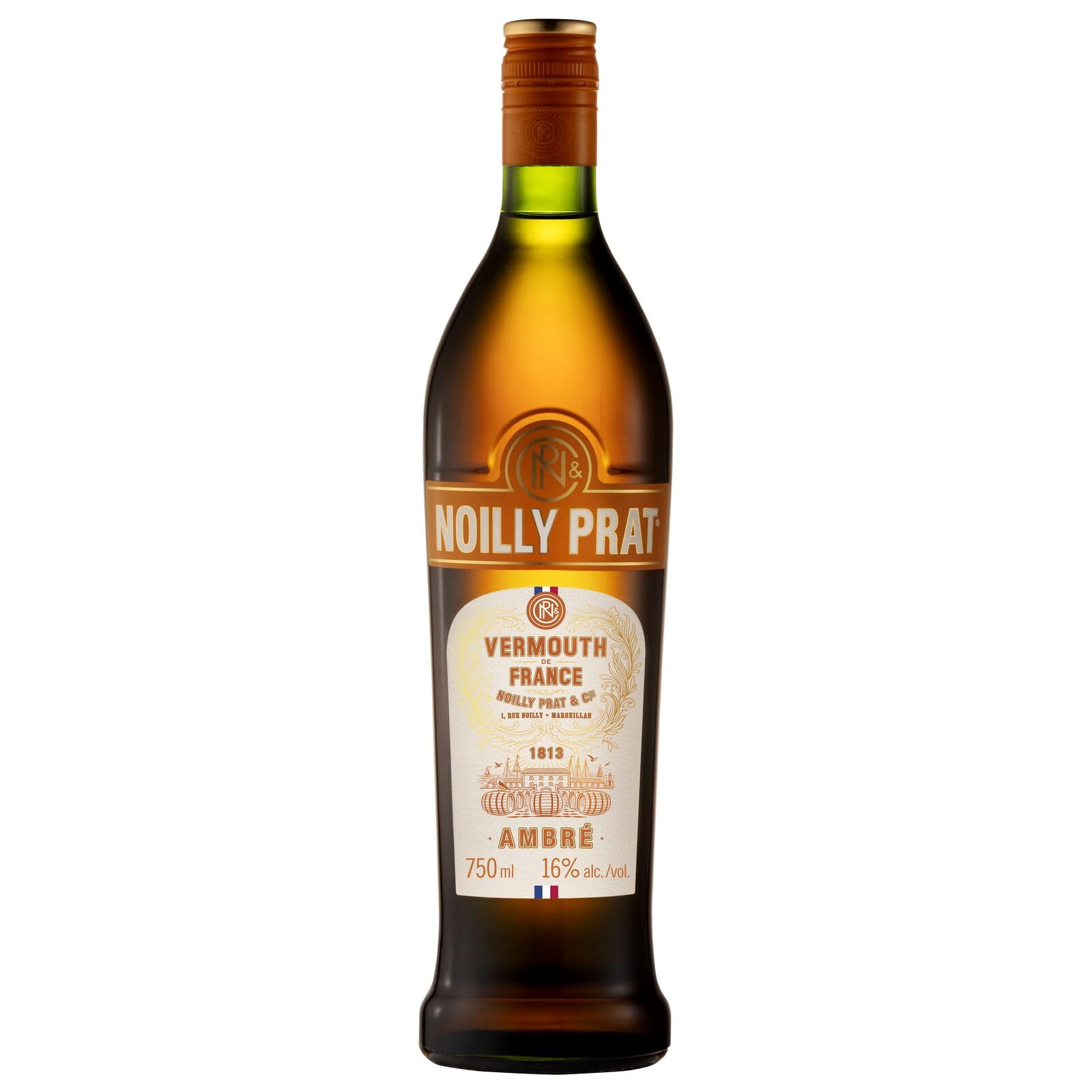 Noilly Prat Ambré Vermouth, 16% vol., 75cl / 750ml, französischer Aperitif mit 13 Kräutern und Gewürzen, darunter Rosenknospen, Koriander, Kardamom und Zimt