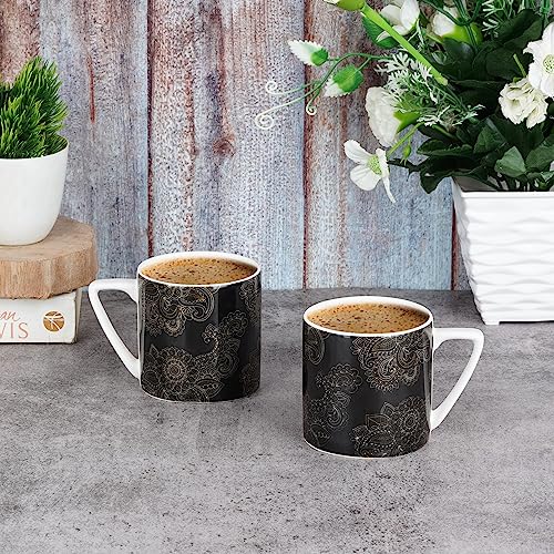 Image of Dandy Lines Puja Gold Alpana on Black, Ceramic Coffee Mug Set, Pack of 6, Microwave & Dishwasher Safe, Great for Home Use & Gifting