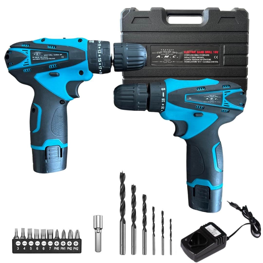 AMC Coppia Trapano Avvitatore a Batteria Professionale 18V, Avvitatore a Batteria con 2 Batterie, 2 Velocità, 17 Accessori, Luce a LED, Mandrino Autoserrante con Impugnatura Ergonomica, Per fai da te
