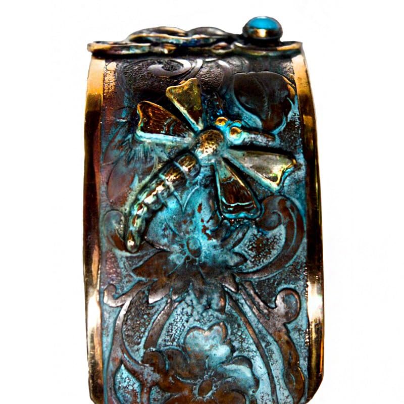 Elaine Coyne Collectible Artwear Verdigris Patina Brass Dragonflies Cuff - Amethyst, Carnelian, Garnet3