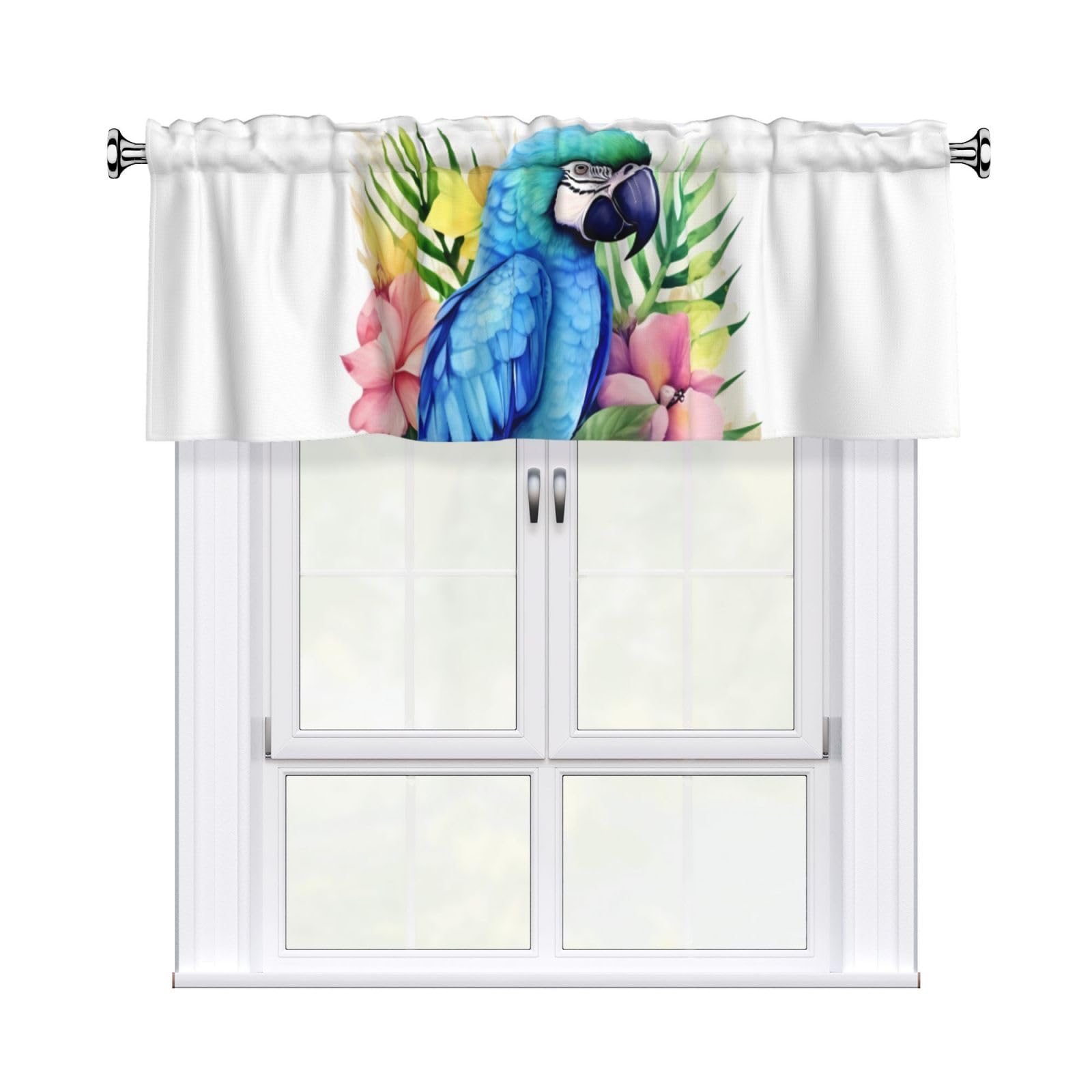 DWVTSLH Blue Parrot in Flowers Valances Curtains for Windows, Rod Pocket Drape Valence Blackout Short Curtains for Kitchen Bathroom Bedroom Window Treatment for Home Décor 54x18 Inch