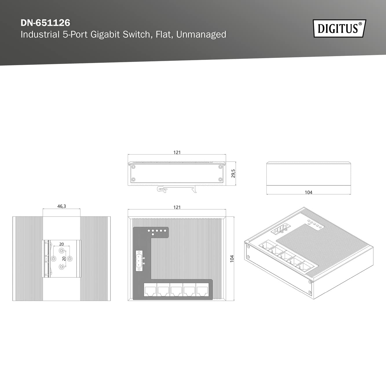 DIGITUS Płaski przełącznik sieciowy – 5-portowy Gigabit Ethernet – montaż na szynie DIN – listwa zaciskowa – bez wentylatora – czarny/niebieski