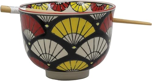 Miniatura 3 de Ebros Gift Abanicos orientales coloridos Ramen Udong - Tazón de 5 pulgadas de diámetro con soporte de palillos integrado y juego de palillos de