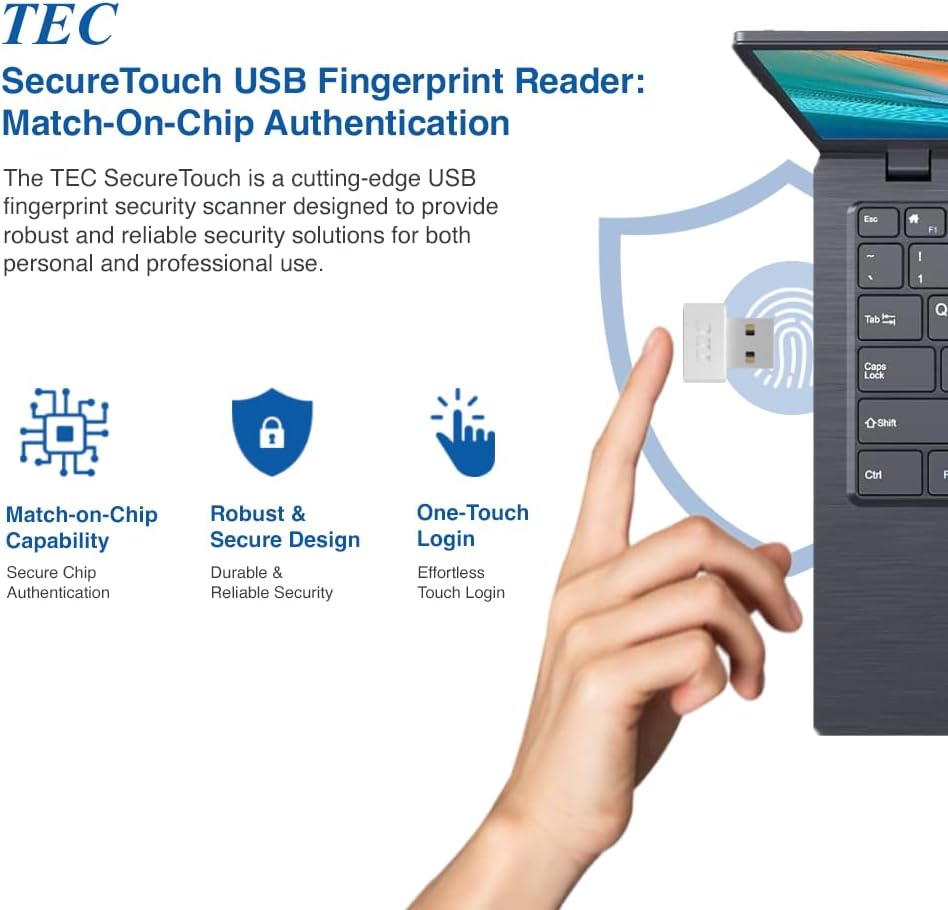 TEC SecureTouch TE-FPA4-MC USB Fingerprint Reader with ESS Enhanced Sign-in Security – Match-On-Chip Encryption, 360° Biometric Sensor, 0.23s Fast Login, Password-Free Windows Hello PC Sign-in
