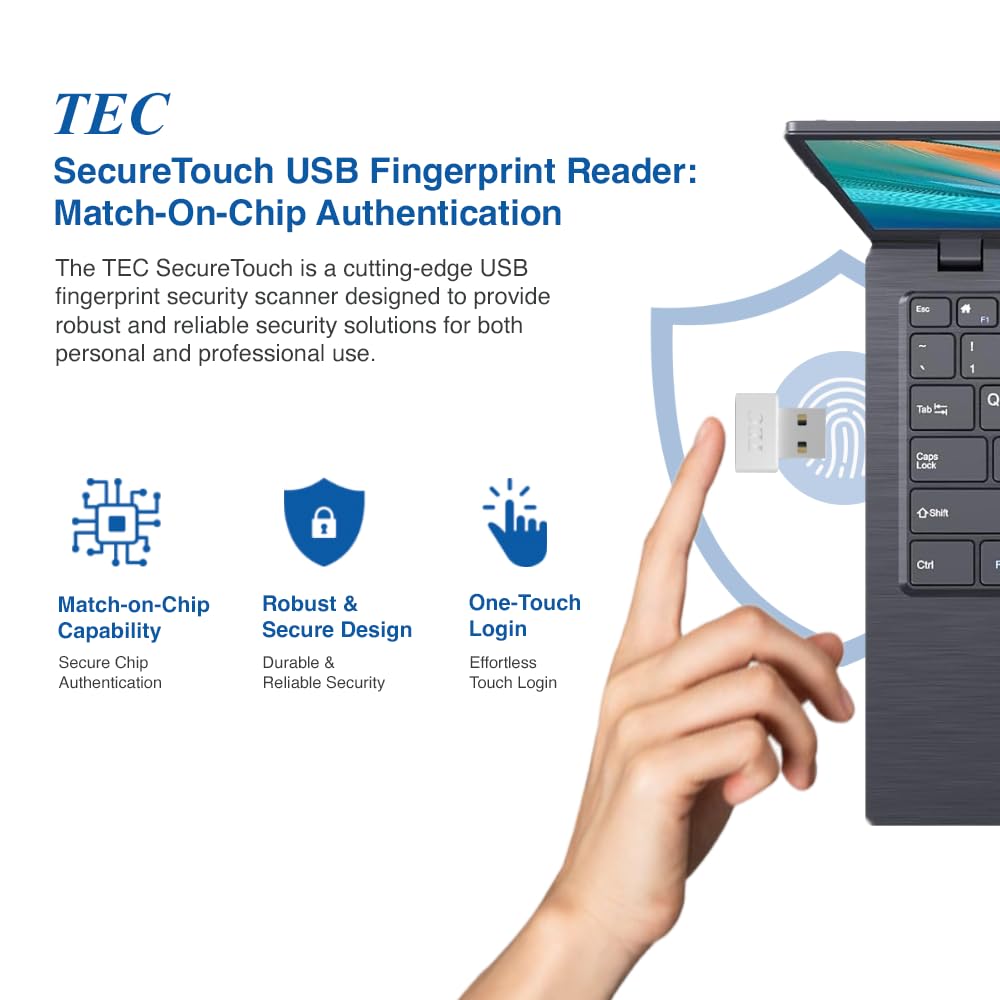 TEC SecureTouch TE-FPA4-MC USB Fingerprint Reader - Windows Hello, FIDO U2F, Compatible with Windows 10 & 11, 360° Quick Match, Secure File Encryption