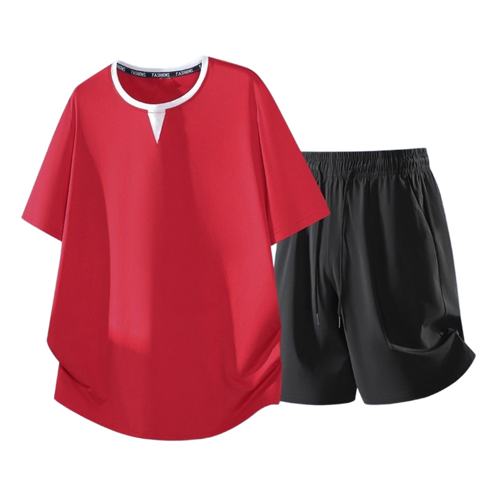 Męski letni lodowy jedwab zestaw z krótkim rękawem luźny szybkoschnący sportowy casual plus size oddychający strój-czerwony-XXL